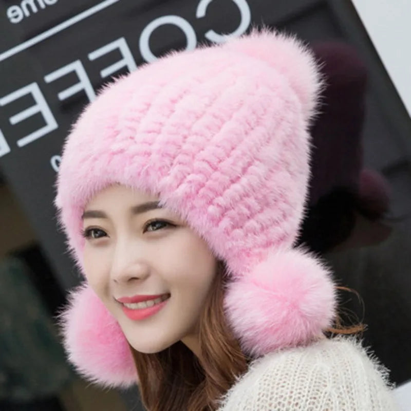 Mink Fur Hat Women Winter Thickened Ear Protection Hat Natural Fur Knitted Caps With Pom Pom Fox Ball Fashion Beanies Fur Hats