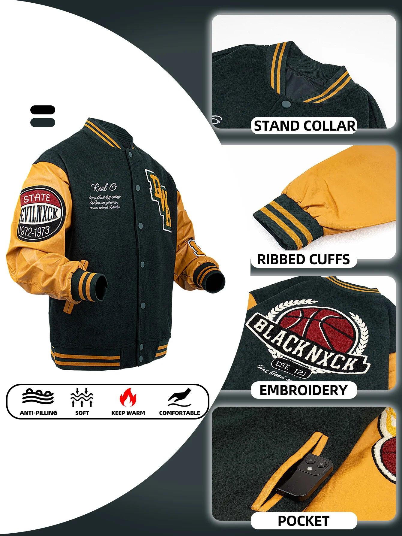 Mens Casual Jacket Bomber Embroidered Varsity Jacket Windbreaker BomberStyle Flaming Basketball Color Block Outwear