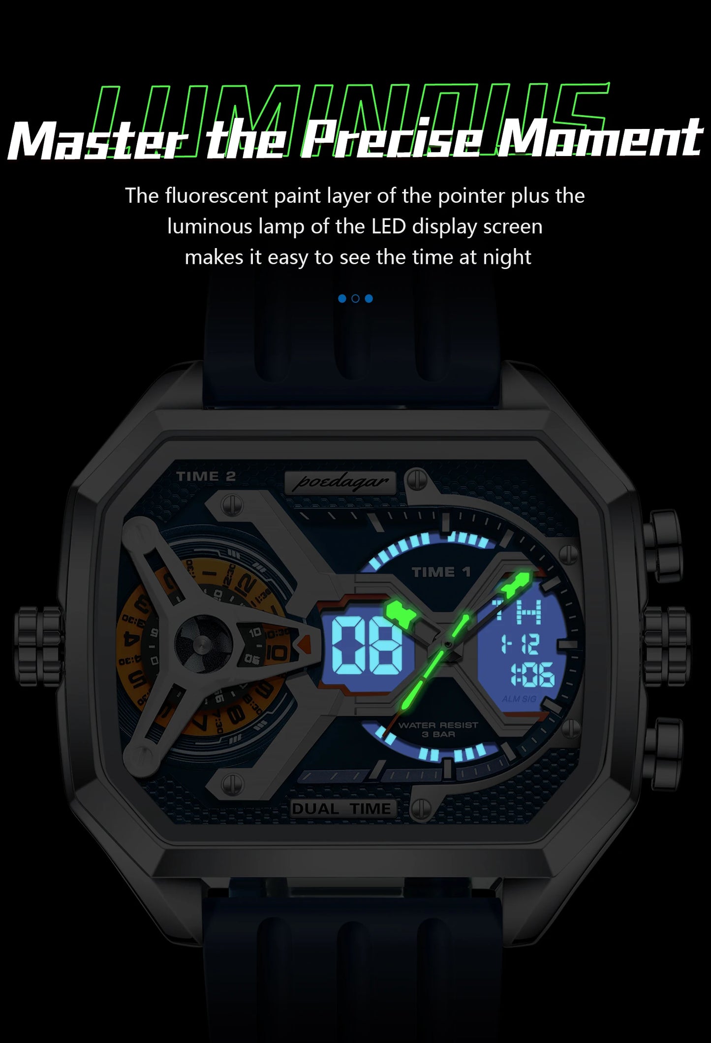 POEDAGAR Top Luxury Men Clock LED Calendar Week Luminous Man Wristwatch Electronic Rectangle Silicone Strap Quartz Men's Watches