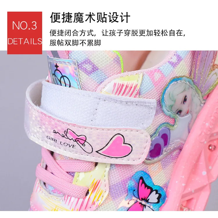 Disney Children's Sports Shoes Led Lights Sneaker Cartoon Frozen Princess  Elsa PU Leather Girls' Pink Children's Running Shoes