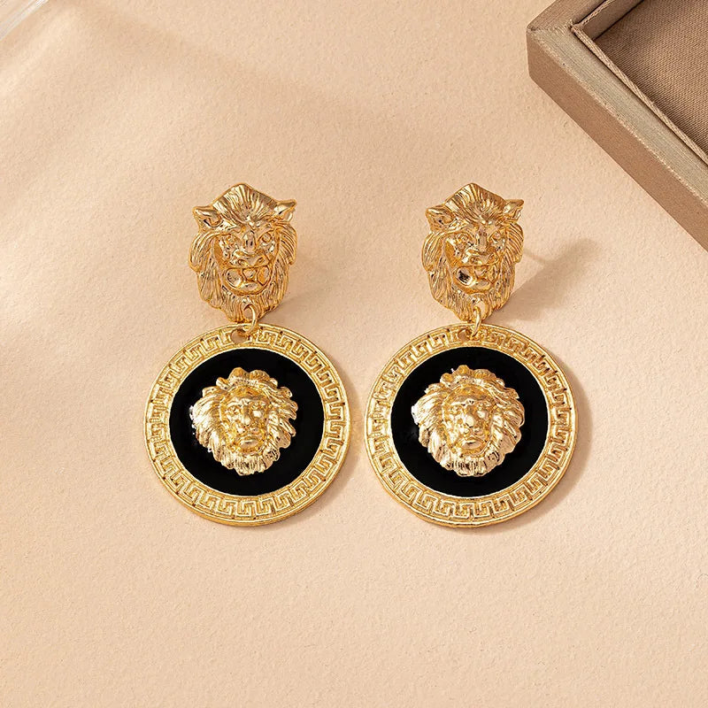 Stud Earrings For Women Vintage Lion Head Glass Geometric Party Gift OL Holiday Fashion Jewelry Ear Accessories CE150