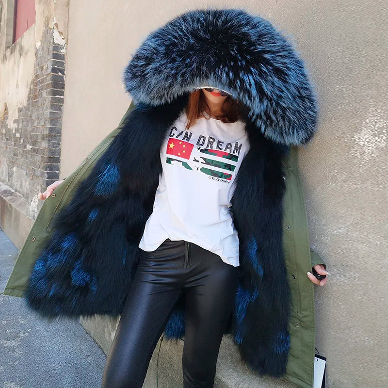 2024 MAOMAOKONG New Real Fur coat Raccoon Collar Detachable Fox fur lining jackets Women's winter Coats parkas Female clothing