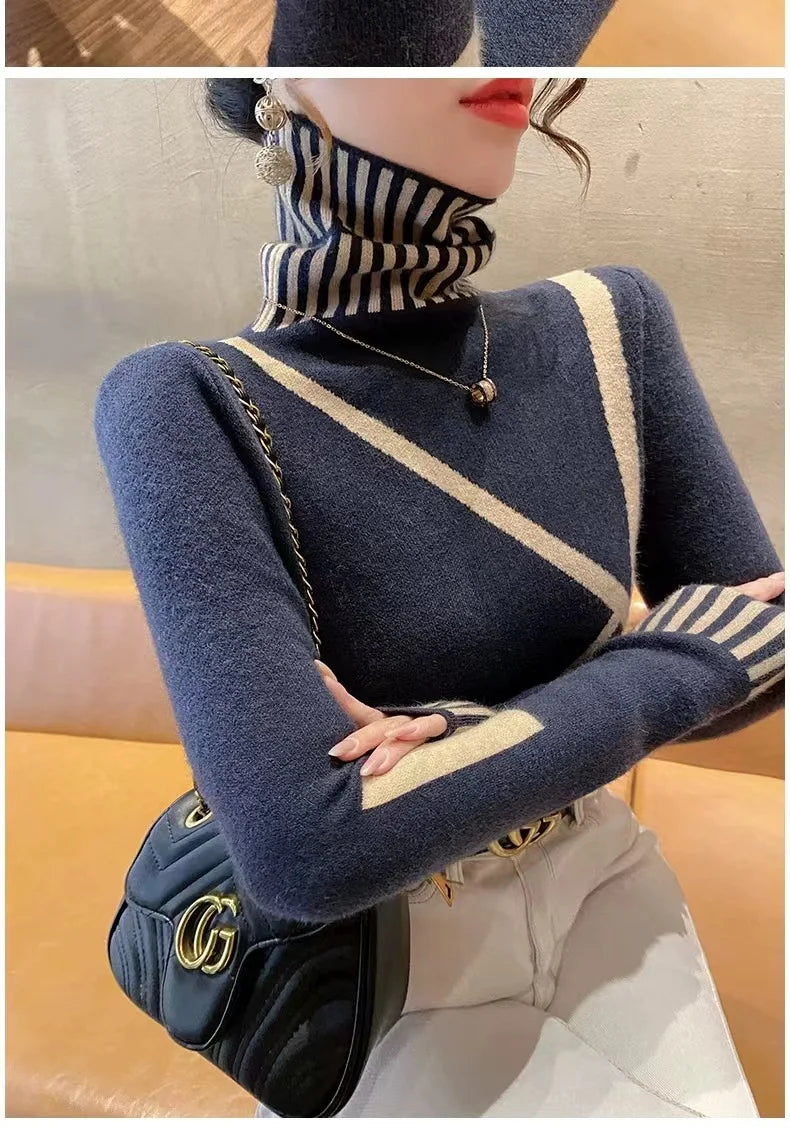 Women's Clothing Fashion All-match Turtleneck Long Sleeve Sweaters Autumn Winter Elegant Chic Slim Knit Pullovers Lady Y2k Tops