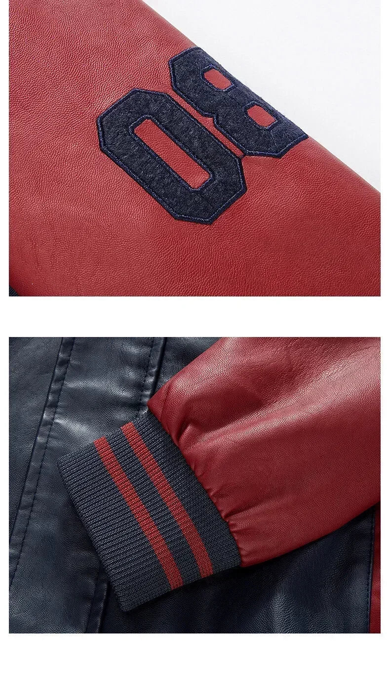 Men's American Leather Baseball Jacket Casual Color Block PU Pilot Coat Spring Autumn Leather Jacket Motorcycle Suit Jackets Men