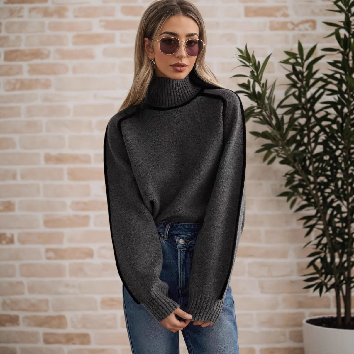 Fashion Basic Autumn Winter Color Matching Emperament Sweater High Neck Office Pullover Solid Soft Long Sleeve Clothing Tops