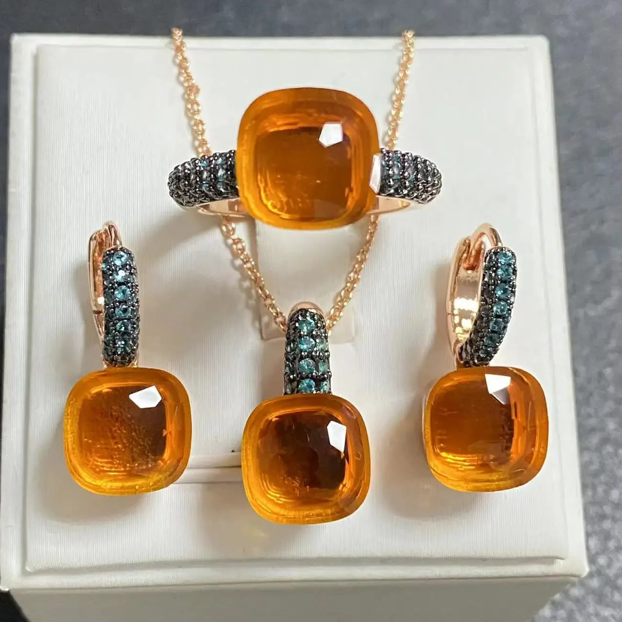 3Pcs Gun Black Plated Blue Zircon Jewelry Set for Women Includes Ring Earrings Necklace Elegant Crystal Blue Topaz Matching Gift