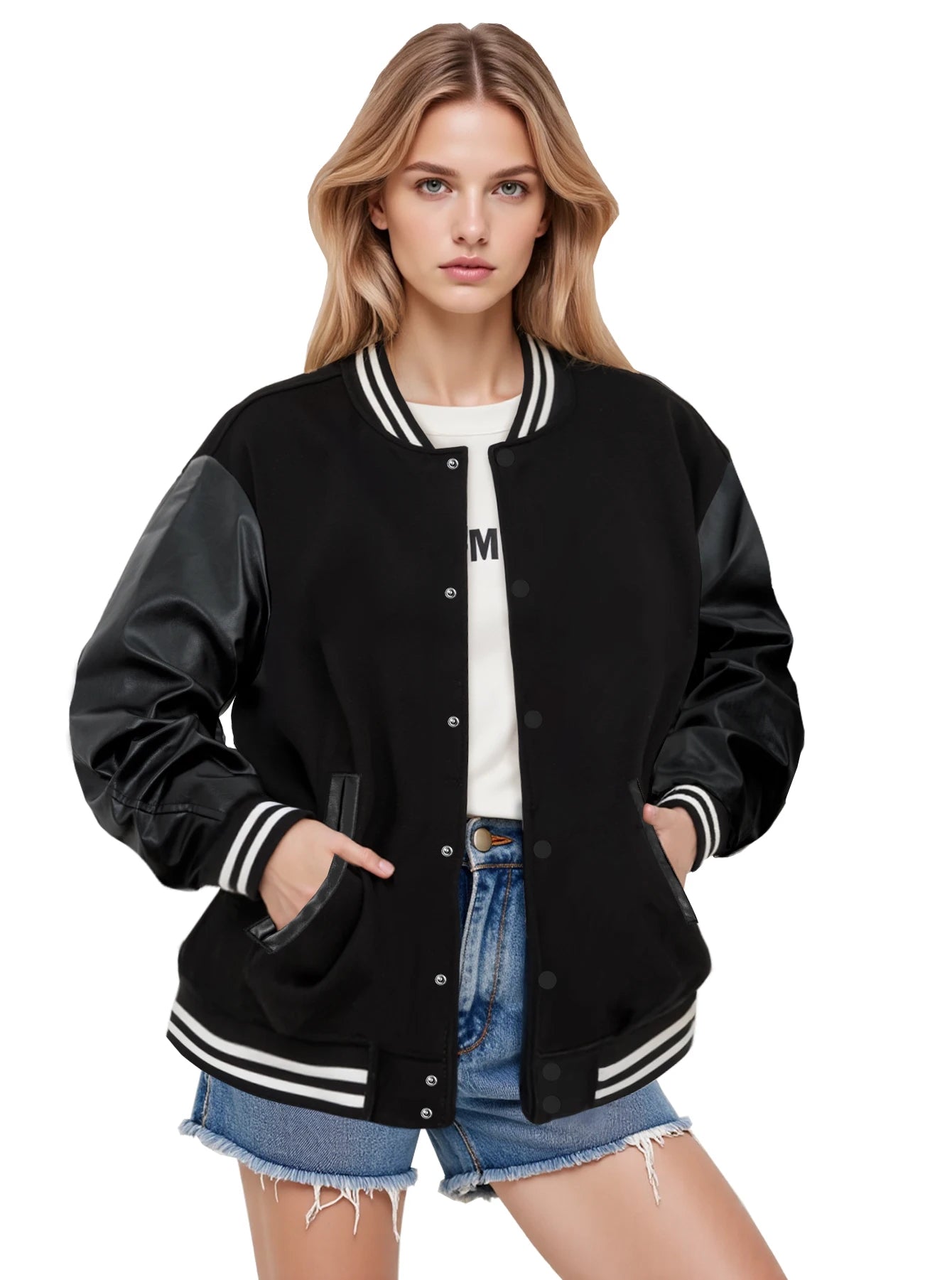 Women's Varsity Jacket with PU Leather Sleeves Fashionable Comfort Design Multiple Colors Available Perfect for Casual Wear