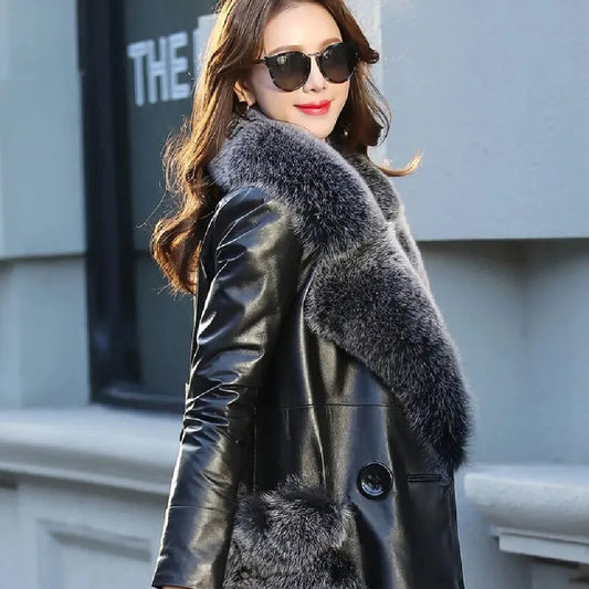 2025 Plus Cotton Velvet Big Fox Fur Collar Leather Coat PU Leather Jacket Coat Women's Fur Mid-length Coat Jacket