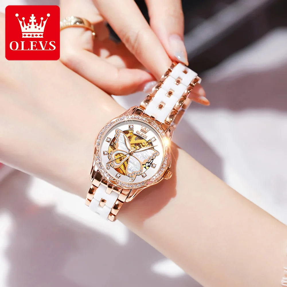 OLEVS 6622 Women's Watch Butterfly Dial Luxury Waterproof Mechanical Watch For Women Hollow Ceramic Strap Automatic Wristwatch
