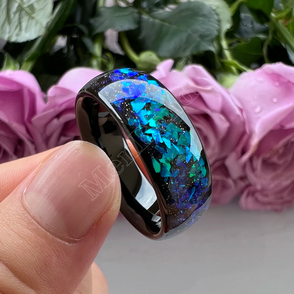 MenBand Fashion New Arrivals 8MM Tungsten Wedding Band Ring Middle Groove Inlaid With Blue Opal Domed Polished Comfort Fit