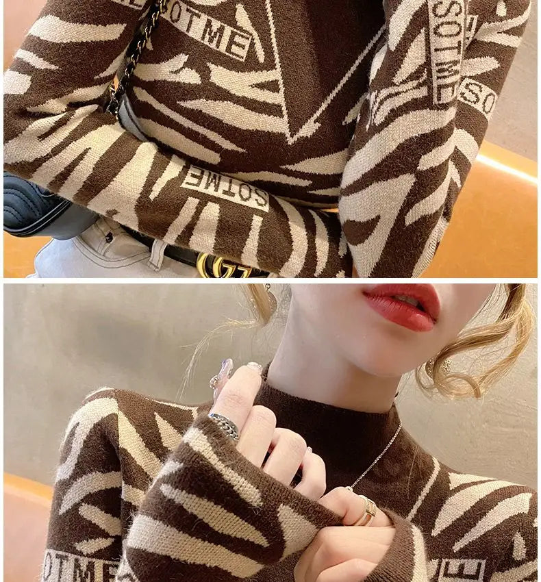 Autumn Office Lady Patchwork Knitting Turtleneck Long Sleeve Pullovers Women Clothes Fashion Letter Slim Top Tee Ladies Sweater