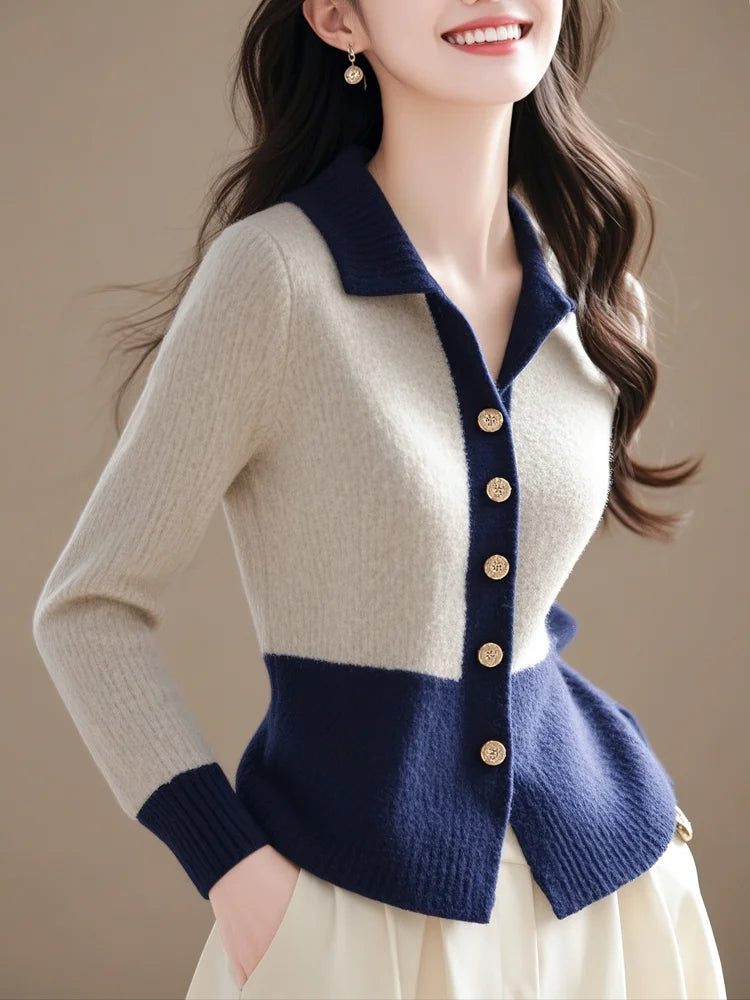 2024 Patchwork New Autumn Winter Polo Knitting Cardigan Sweater Coat Fashion All-match Long Sleeve Temperament Top Tee Women's