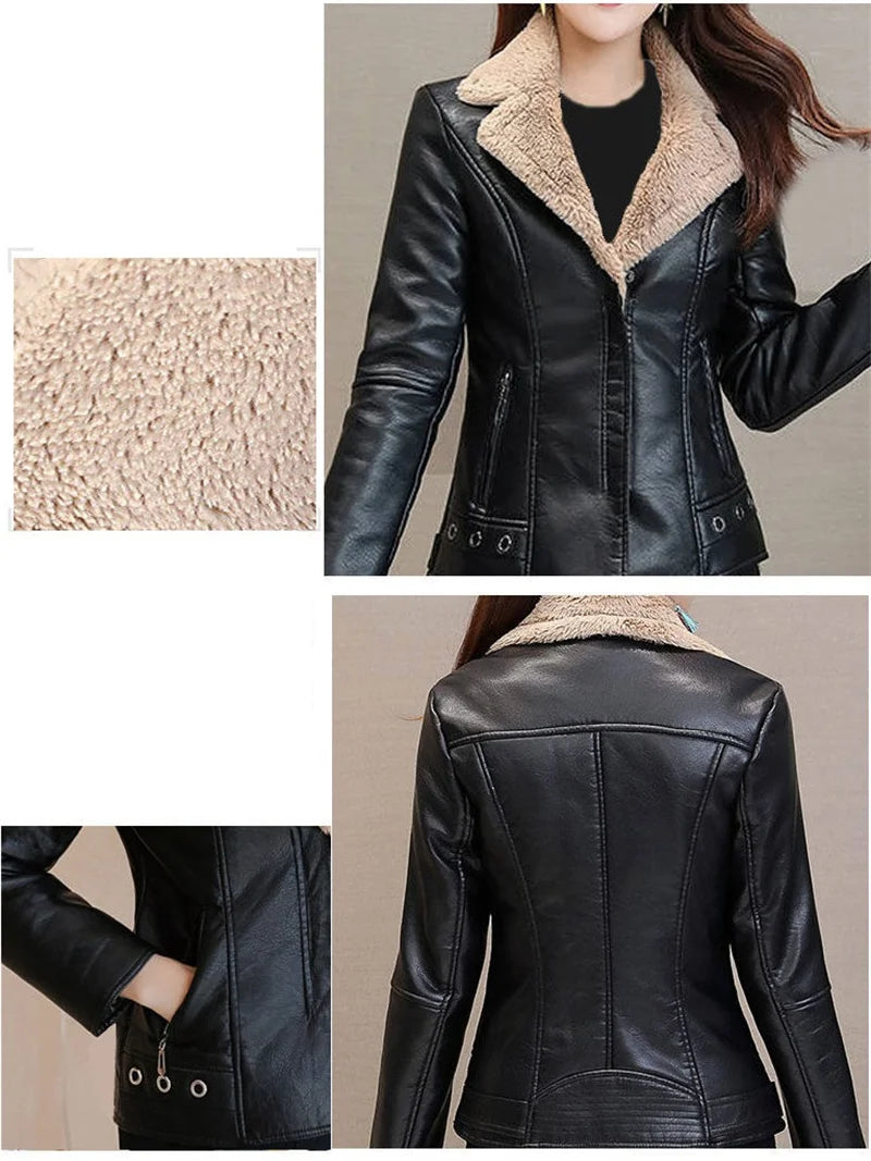2022 New Winter PU Leather Jacket Women Short Blazers Coat Fleece Double-faced Fur Leather Outerwear Lady Slim Suit Tops Jackets