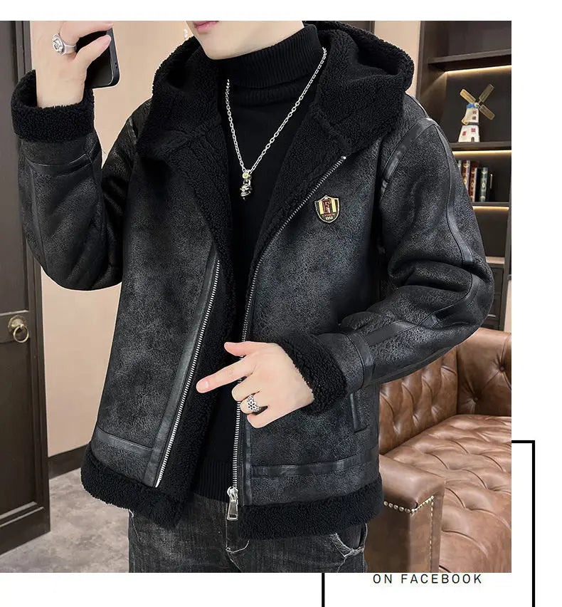 Autumn and winter fur one-piece thickened and fleece jacket for men and teenagers, gold embossed suede thickened warm jacket