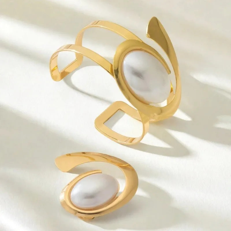 Exaggerated Pearl Spiral Bracelet Ring Set For Women Girls Personality Geometric Fashion Jewelry Holiday Party Gift OL S247