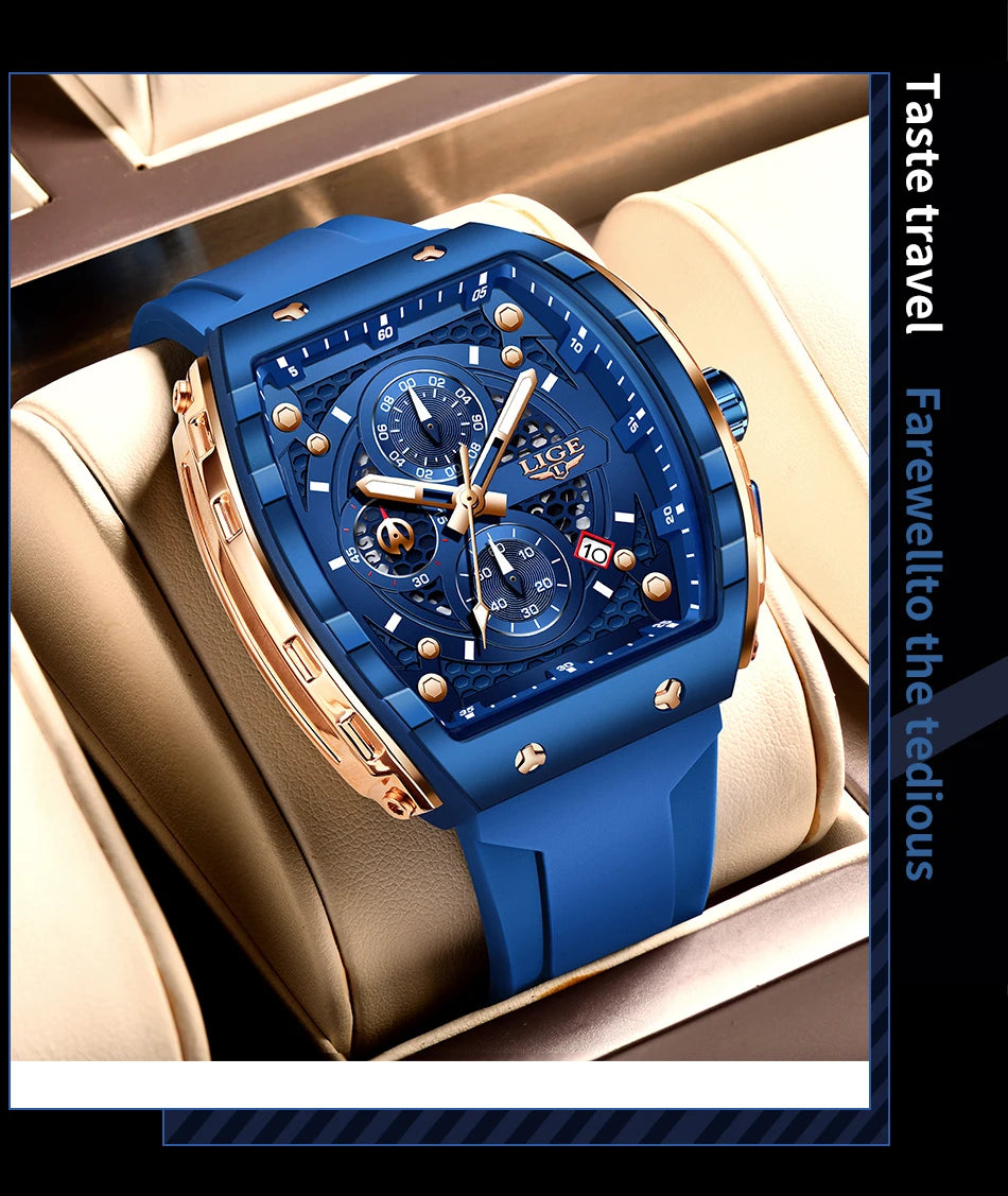 LIGE Top Brand Men's Watches Luxury Square Quartz Wristwatch Waterproof Luminous Chronograph Watch for Men Date Clock