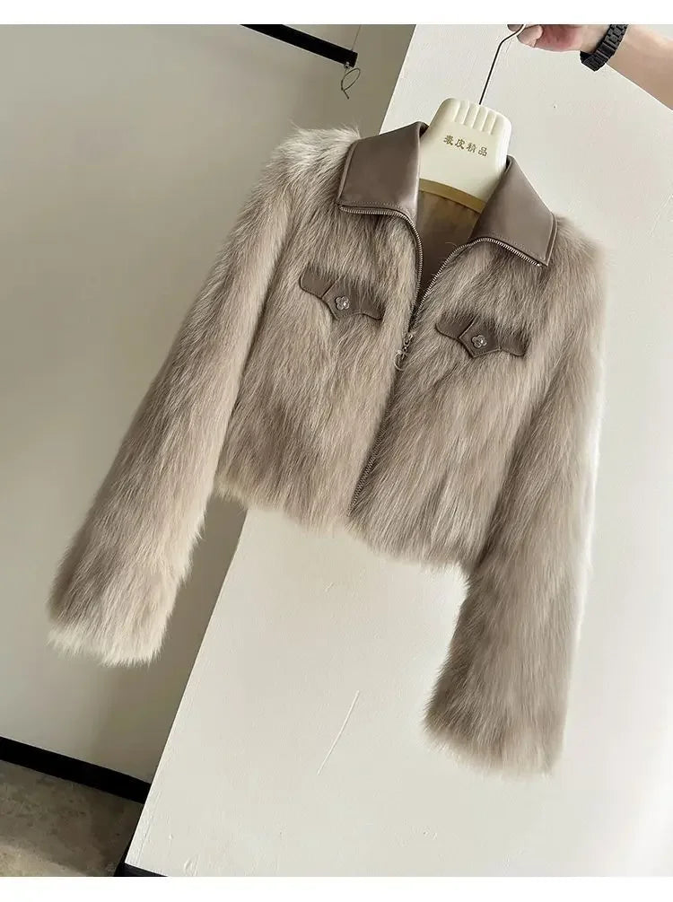 Spring and Autumn Korean Chic Polo Collar Loose Fur Coat Women Clothing Winter Coat Faux Fox Fur Plush Short Jackets Women Tops