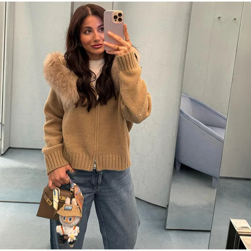 2025 Autumn Casual Fur Collar Sweater Coat Women's Solid Loose Long Sleeve Zippers Pullover New Ladies Fashion Office Tops