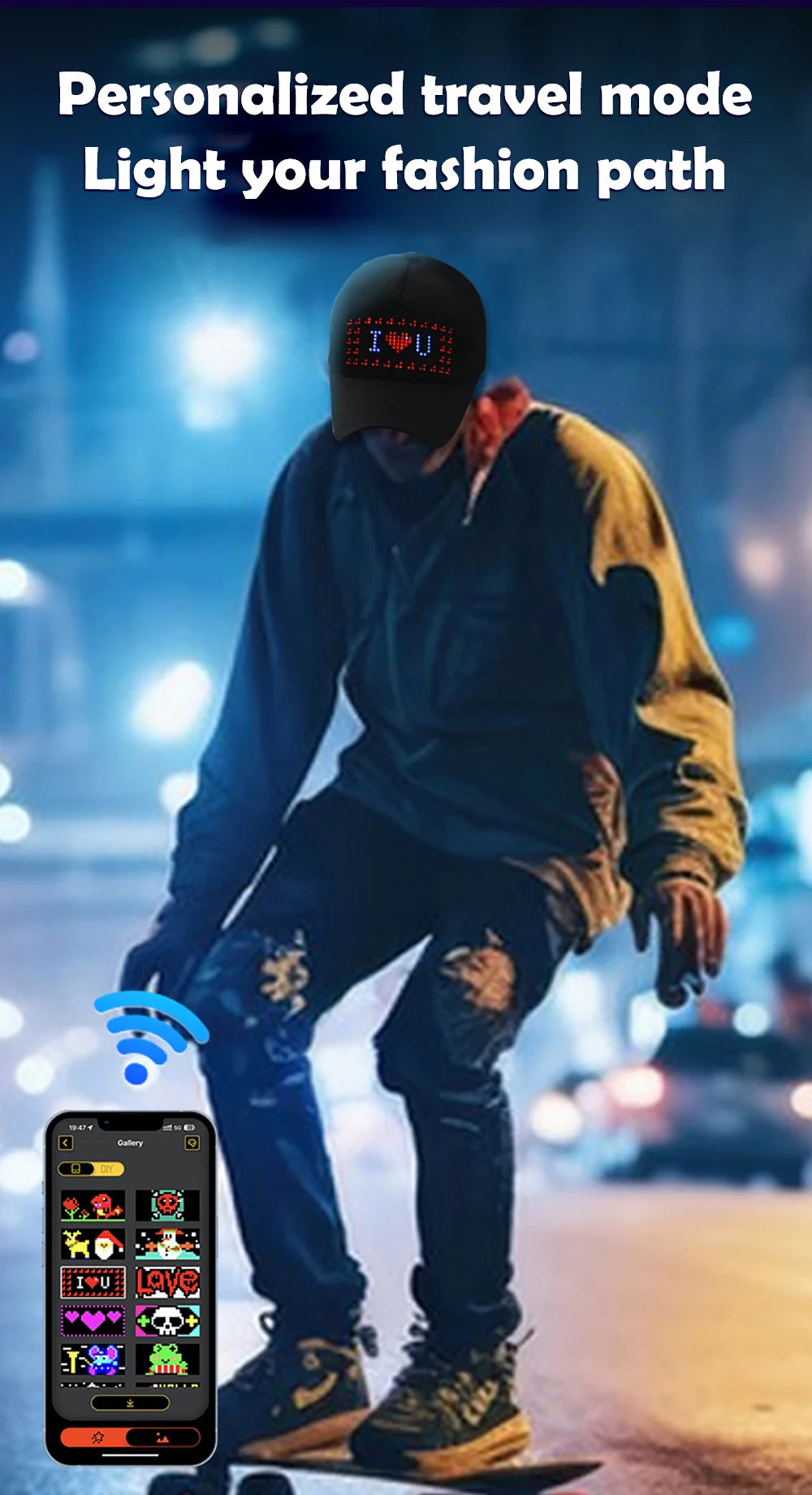 LED Hat Light Display Screen DIY Smart Pixel Matrix Baseball Hat Rechargeable Bluetooth APP Control Hip Hop Street Party Decor