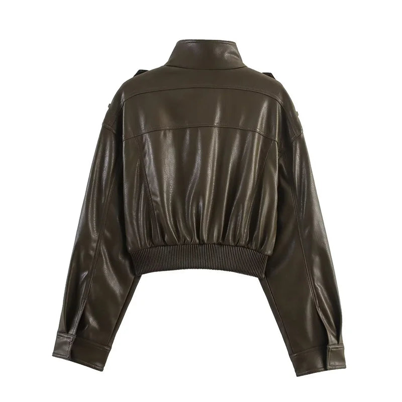 Women's Jacket New Fall 2025 Dark Green Long Sleeve Faux Leather Short Jacket Jacket Biker Style Casual Fashion Personality