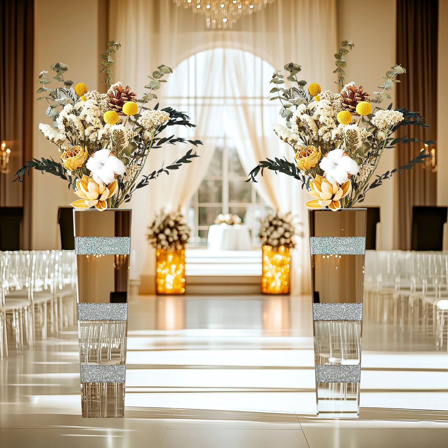 Tall Floor Mirror Vase, Large Crushed Diamond Glass Vase for Home Decor Modern Crystal Centerpiece for Living Room Wedding Hotel