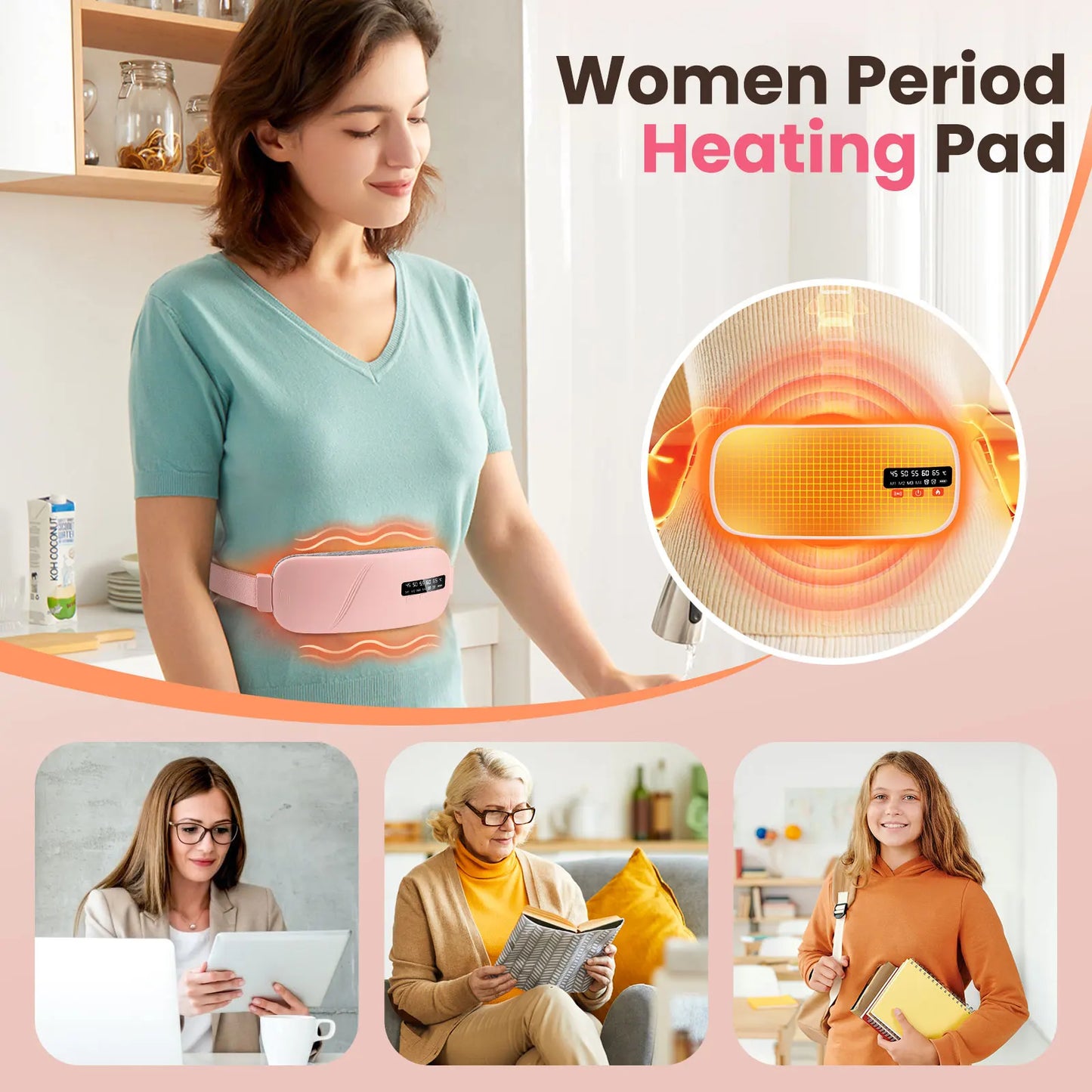 Women’s Period Pain Relief Belt Fast Heating 45-65°C 4 Adjustable Vibration Portable Menstrual Massager for Stomach/Back Pain