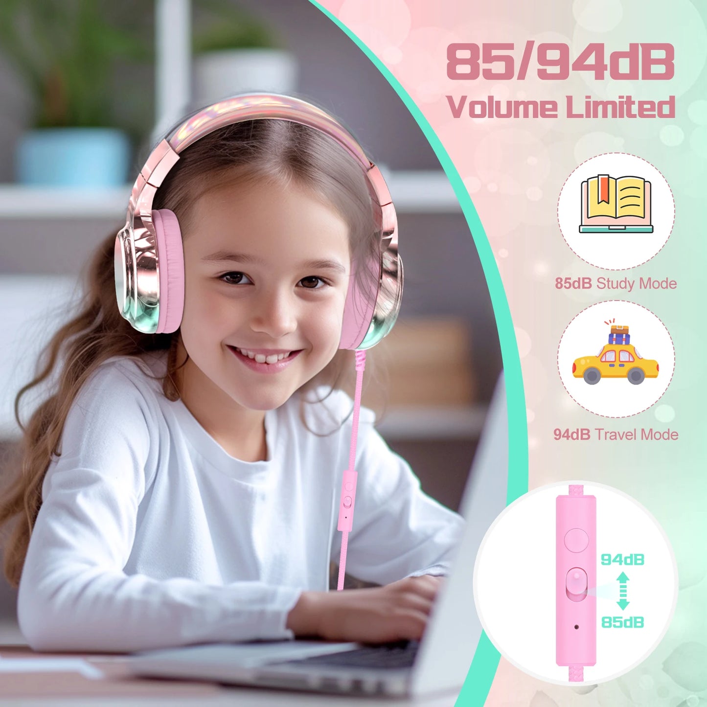 Stylish Soundproof Kids Wired Headphones For Toddler Preschool, 3.5mm Jack, 85/94dB Volume limited Headset For Travel Homeschool