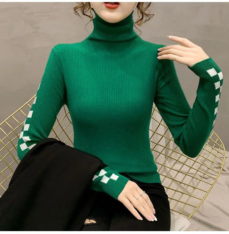 Pile Collar Plaid Bottoming Shirt Female New Autumn Winter Temperament All-match Sweater Interior Lapping Slim Turtleneck Tops