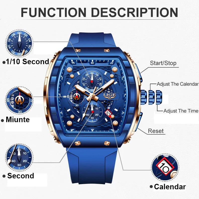 LIGE Waterproof Watches For Men Original Brand Luxury Silicone Square Men's Quartz Wristwatch Fashion Military Chronograph Male