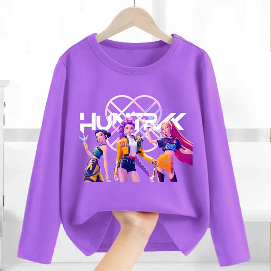 Kpop Demon Hunters Long Sleeve for Children Cartoon A-Z Letter Clothing Kids Purple Caftan Clothes Girl Round Collar Blouse Gift