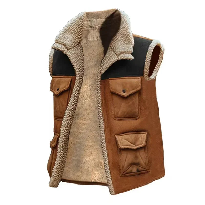 Retro Men's Cardigan Trendy Vest Jacket 2025 New Zipper Pocket Warm Jacket Vest Fashion Blocked Sleeveless Jacket Men Clothing