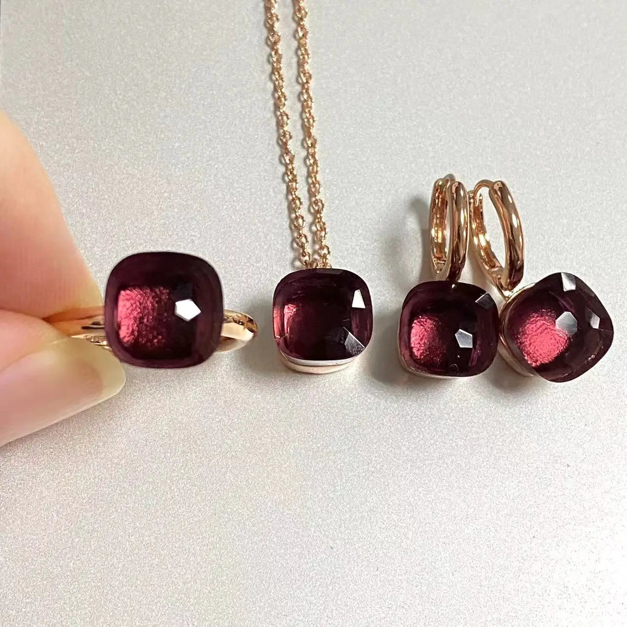 3Pcs/Set Women Ring Earrings Necklace Jewelry Set 34Colors Pink Crystal Jewelry Set Rose Gold Plated Jewelry