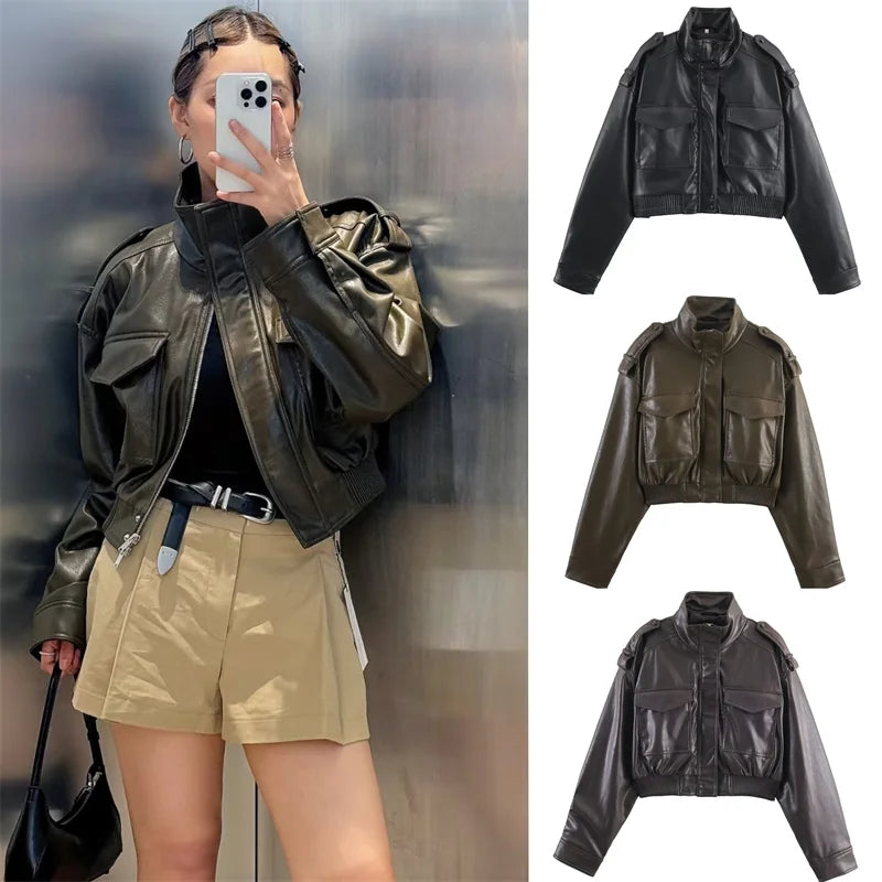 Women's Jacket New Fall 2025 Dark Green Long Sleeve Faux Leather Short Jacket Jacket Biker Style Casual Fashion Personality