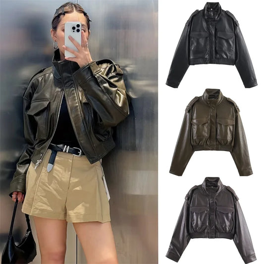 Women's Jacket New Fall 2025 Dark Green Long Sleeve Faux Leather Short Jacket Jacket Biker Style Casual Fashion Personality