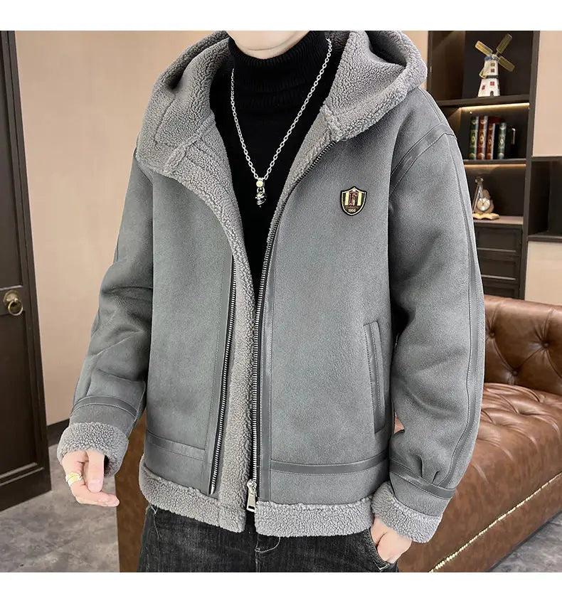 Autumn and winter fur one-piece thickened and fleece jacket for men and teenagers, gold embossed suede thickened warm jacket