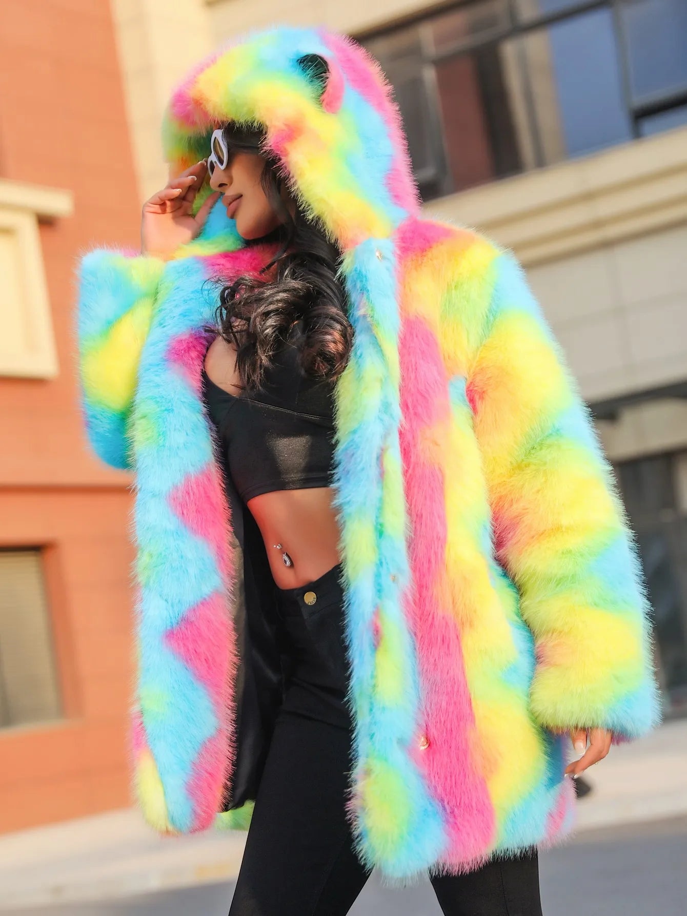 New Colorful Personalized Faux Fur Coat Women's Regular And Plus Size Fall And Winter Hooded Thick High Quality Faux Fur Coat