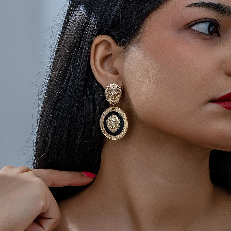 Stud Earrings For Women Vintage Lion Head Glass Geometric Party Gift OL Holiday Fashion Jewelry Ear Accessories CE150