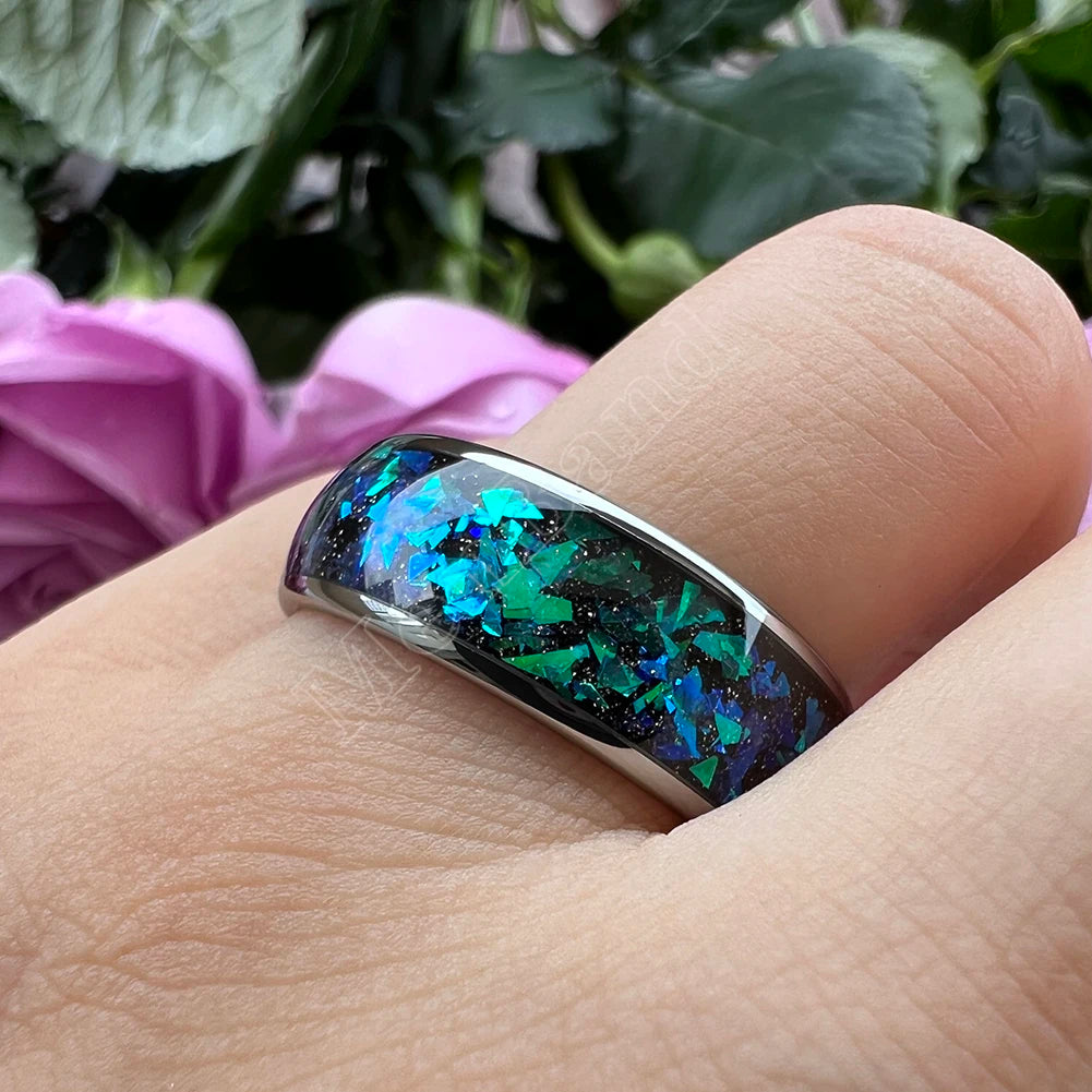 MenBand Fashion New Arrivals 8MM Tungsten Wedding Band Ring Middle Groove Inlaid With Blue Opal Domed Polished Comfort Fit