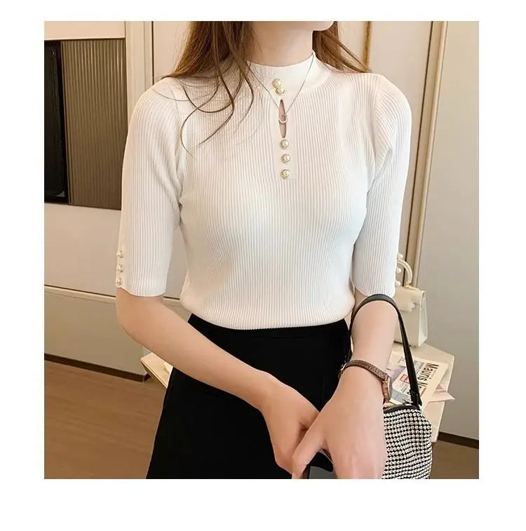 2025 Spring Autumn Korean Fashion Solid Sweater Women Short Sleeve Tops Pull Femme Casual Slim Female Pullover Knitted Clothes