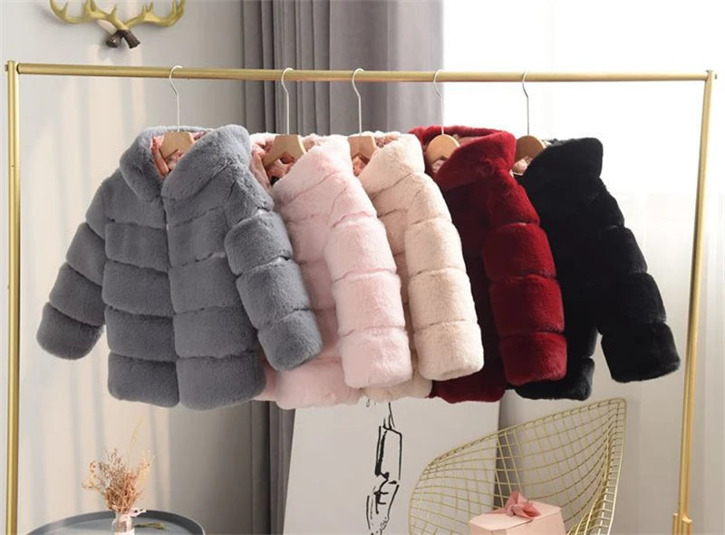 Kids Clothes Girls Fur Coats Winter Solid Faux Rabbit Fur Hooded Jacket for Babies Fashion Boy Thicken Warm Children's Clothing