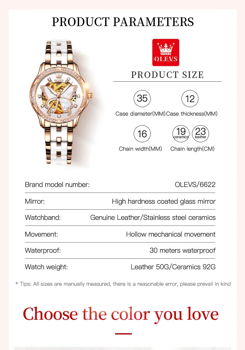 OLEVS 6622 Women's Watch Butterfly Dial Luxury Waterproof Mechanical Watch For Women Hollow Ceramic Strap Automatic Wristwatch