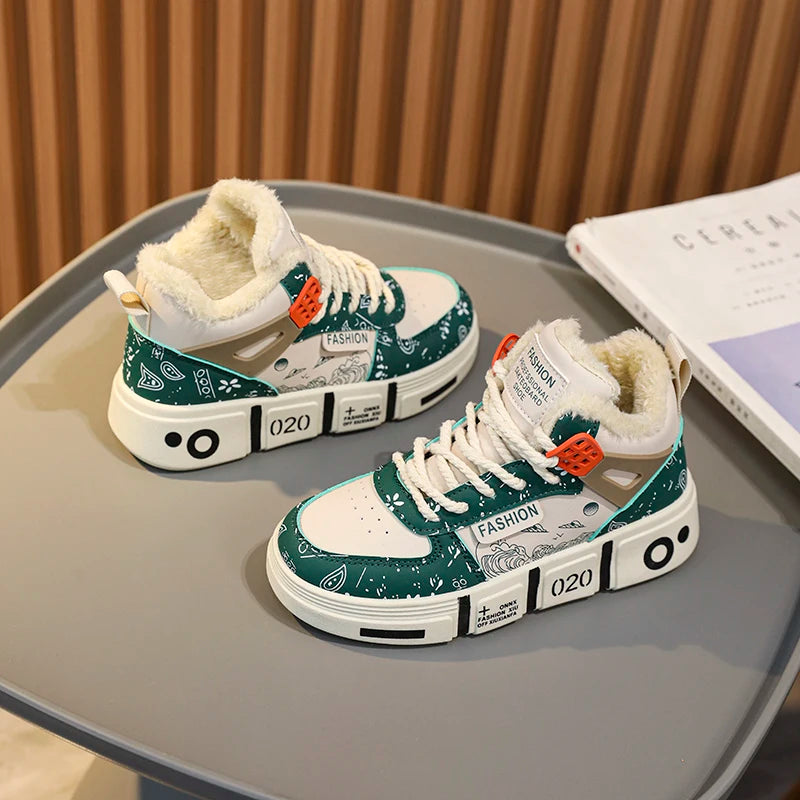 Kids Sneakers Winter Warm Plush Walking Shoes High-top Comfortable Fashion Casual Flat Tennis Shoes Childrens Boots for Boy