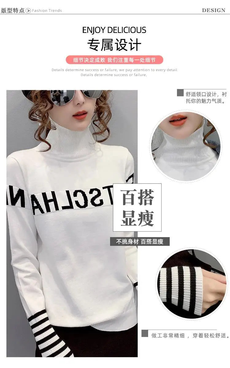 Turtleneck Pullovers Femme Autumn Winter Interior Lapping Fashionable Slim Bottoming Shirt Letter Knitting Sweater Striped Tops