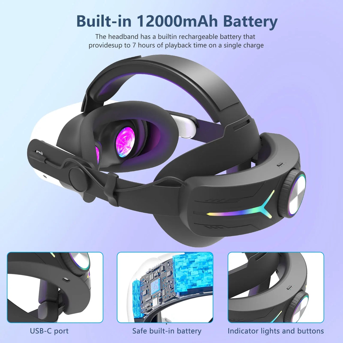 mtomatovr for Meta quest3s/quest3  Battery Head Strap  Extends 4-6 Hours  RGB Light Fast-Charging vr accessory Elite Replacement