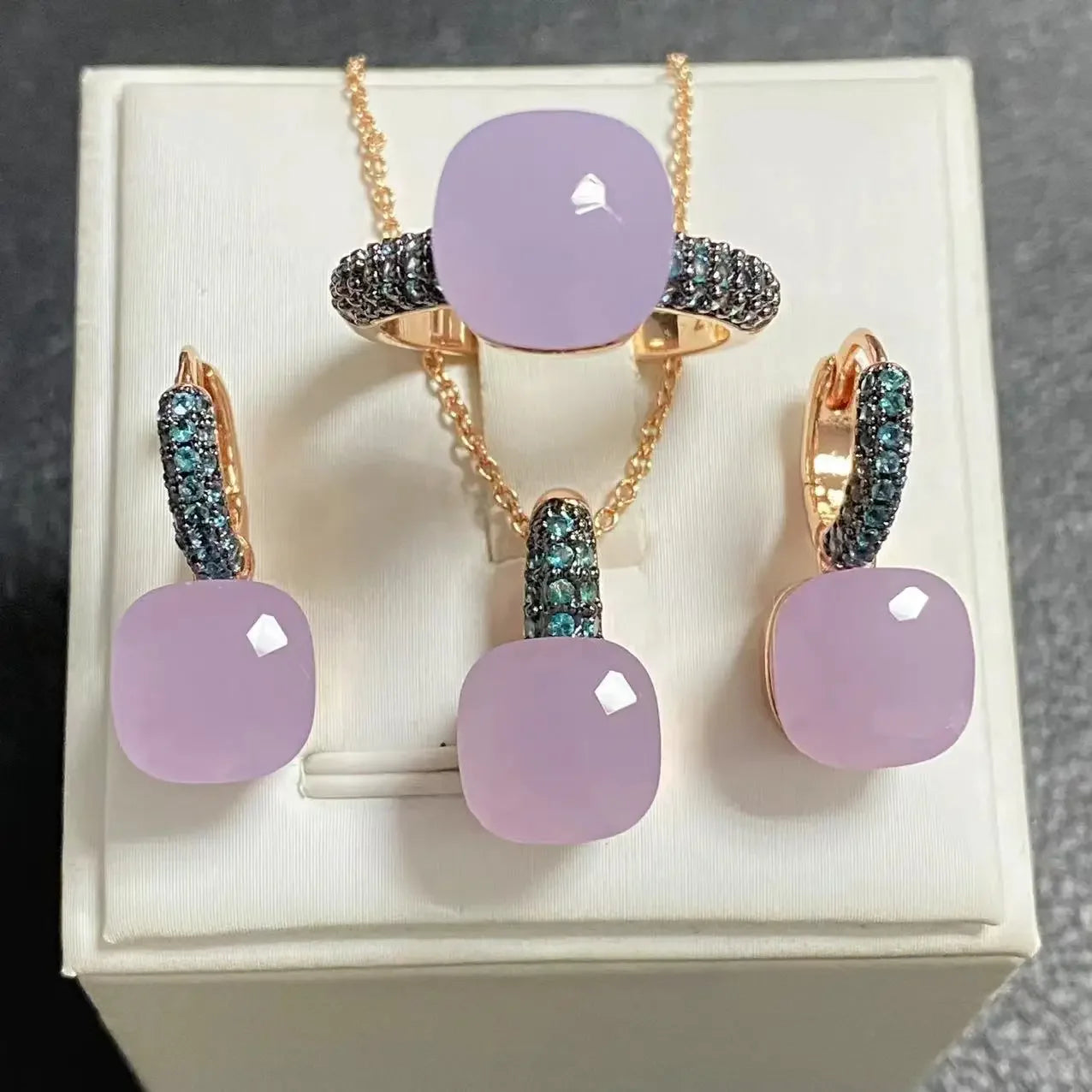 3Pcs Gun Black Plated Blue Zircon Jewelry Set for Women Includes Ring Earrings Necklace Elegant Crystal Blue Topaz Matching Gift