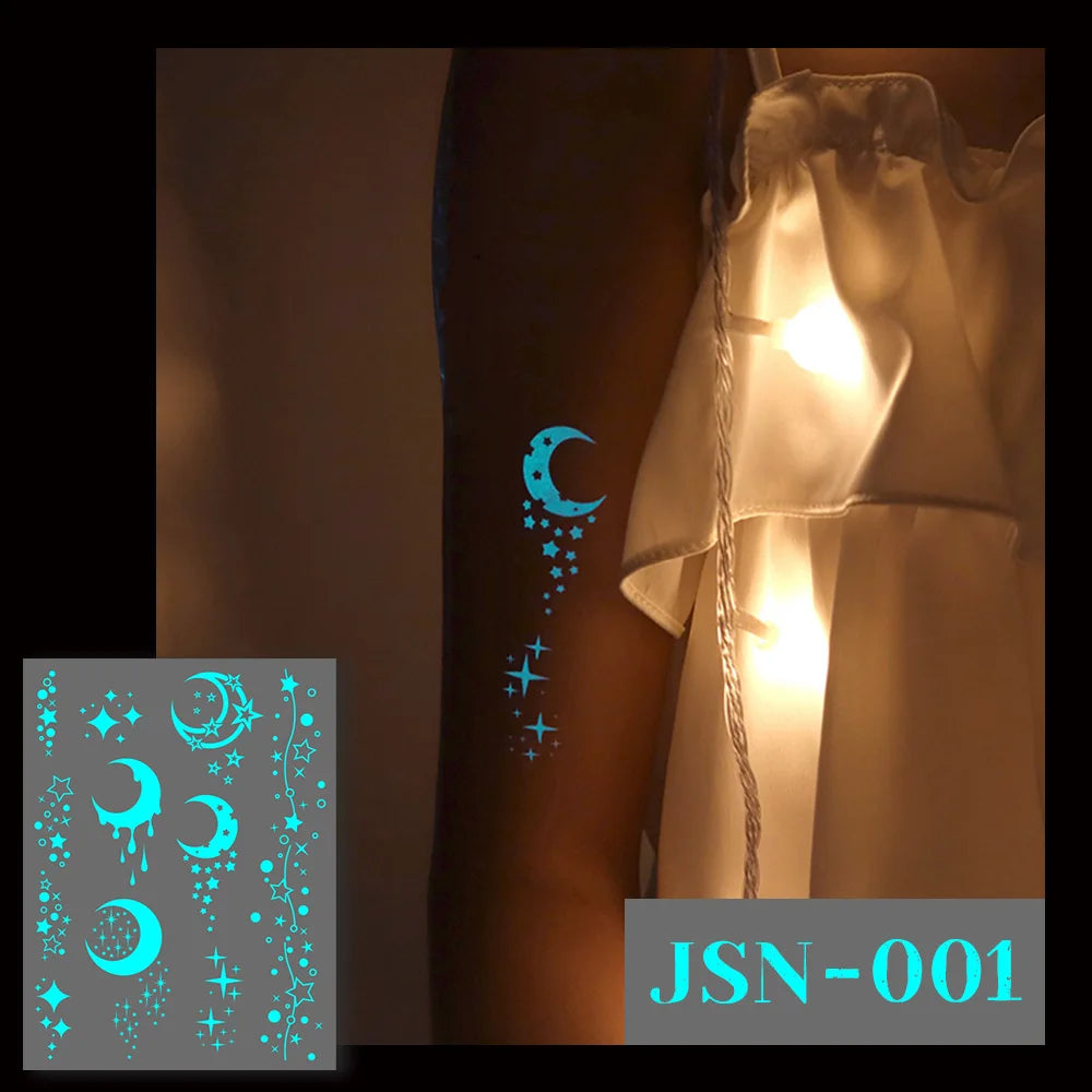 5pcs Blue Luminous Glow Waterproof Temporary Tattoo Sticker Line Star Butterfly Flash Tatto Women Men Arm Body Art Fake Tattoos