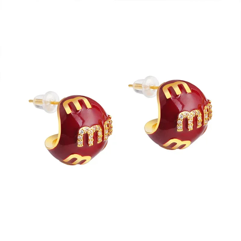 2025 Korea New Design Fashion jewelry 18K gold plated enamel letter M earrings elegant women's daily commute accessory