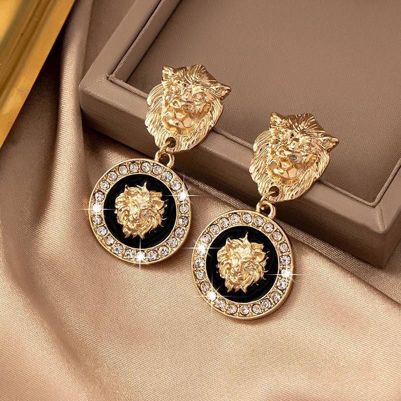 Stud Earrings For Women Vintage Lion Head Glass Geometric Party Gift OL Holiday Fashion Jewelry Ear Accessories CE150