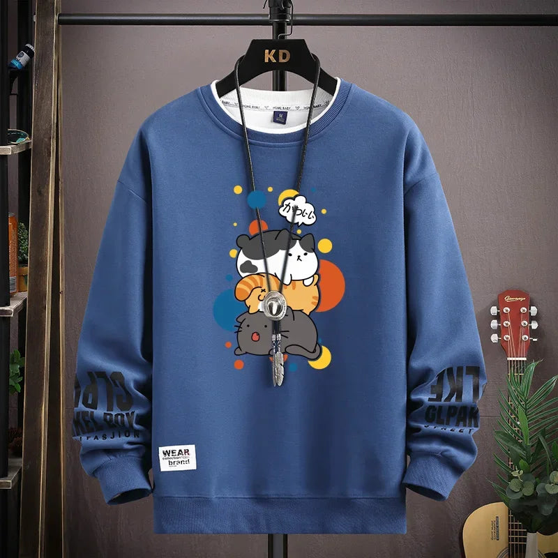 Spring Men's Sweatshirt Japan Cartoon Cats Printed Long Sleeve T-shirt Fashion Men's Clothing Khaki O Neck Harajuku Top 2024 New