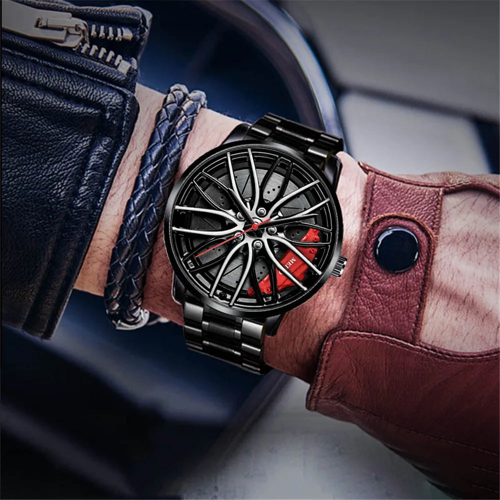 New Fashion Man Luxury Watches For Men Car Wheel Hub Stainless Steel Quartz Watch Mens Military Sport Leather Watch Reloj Hombre